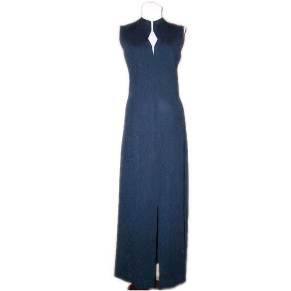 Vtg 70s Long Black evening prom dress rhinestone keyhole bust  M